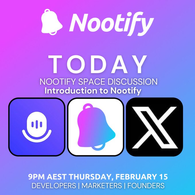 Nootify (@nootify_io) on Twitter photo Today! Join us for a Twitter Space event hosted by
<a href="/kosyonchain/">Kosy | Blockstars</a>, introducing Nootify!
Set your reminder now: x.com/i/spaces/1eaKb…
Tune in next Thursday, 15th of Feb at 9PM AEST to learn about our #innovative #platform and #notification #system. Today! Join us for a Twitter Space event hosted by
<a href="/kosyonchain/">Kosy | Blockstars</a>, introducing Nootify!
Set your reminder now: x.com/i/spaces/1eaKb…
Tune in next Thursday, 15th of Feb at 9PM AEST to learn about our #innovative #platform and #notification #system.