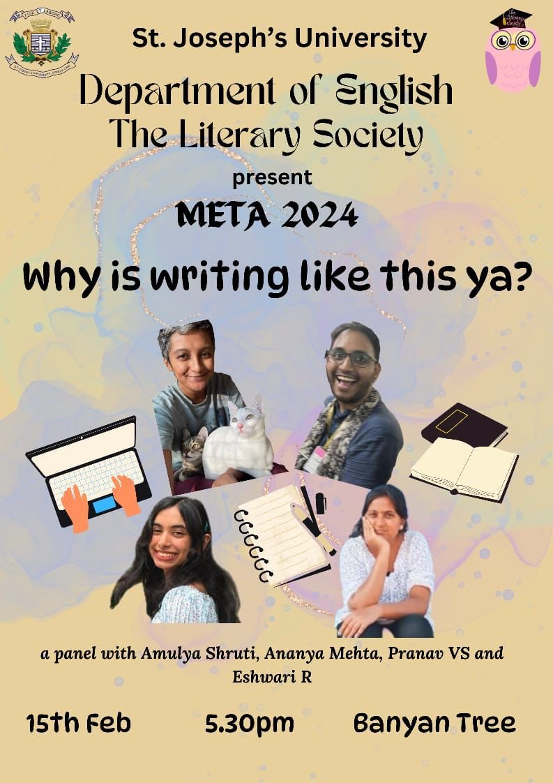 LitFestMeta's tweet photo. Writer Amulya Shruti will join students at Meta today to ask the golden question: why is writing like this ya? Join us at 5:30 pm under the banyan tree at SJU. https://t.co/vLKrovyc1X