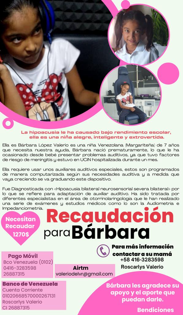 MaLuisaOrtegaL's tweet photo. ¡Hola, ella es Bárbara! Una niña de 7 años.

Tiene problemas auditivos y necesita usar una adaptación auxiliar auditiva.

Quienes deseen colaborar o compartir se les agradece muchísimo. 🙏🏻

Más info. con su mamá 
Roscarlys Valerio (04163283598)

@AlexaGomezDos 
@LuisOlavarrieta https://t.co/ToO5Yb3x90