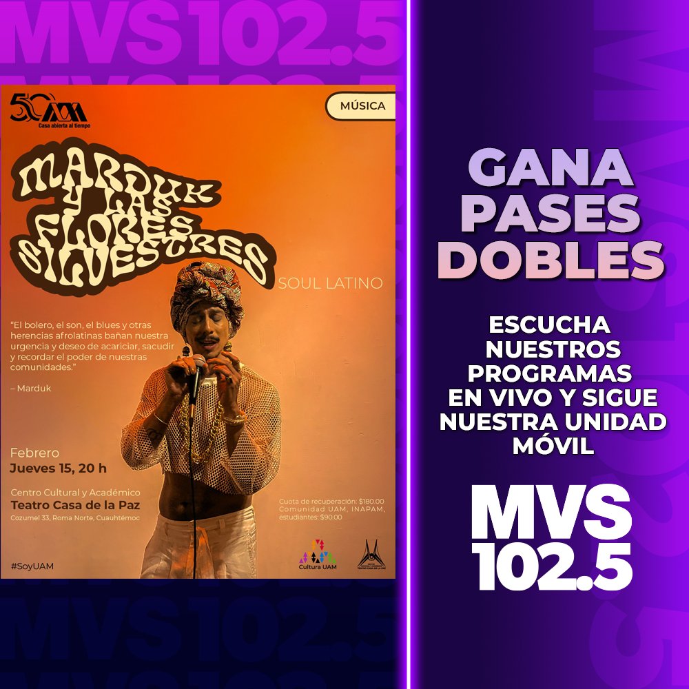 MVS102_5's tweet photo. ¿Quieres ver a Marduk? @flores_silves3  Un show a ritmo de soul latino con herencia afrolatina ¡Te invitamos! Tenemos un pase dobles si mandas un correo a premios@mvs.com  🥳🥳 ¡Amamos! https://t.co/jFawhNvYGw