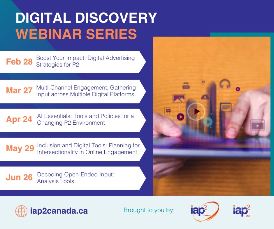 Thinking about immersing yourself in digital civic participation but don't know where to start? 

Join this IAP2 program guided by seasoned experts and led by <a href="/zannalyons/">Susanna Haas Lyons (she / her) @zannalyons@techhub</a>!

USA Registration iap2usa.org/event-5584189
Canada Registration iap2canada.ca/Digital-Discov…