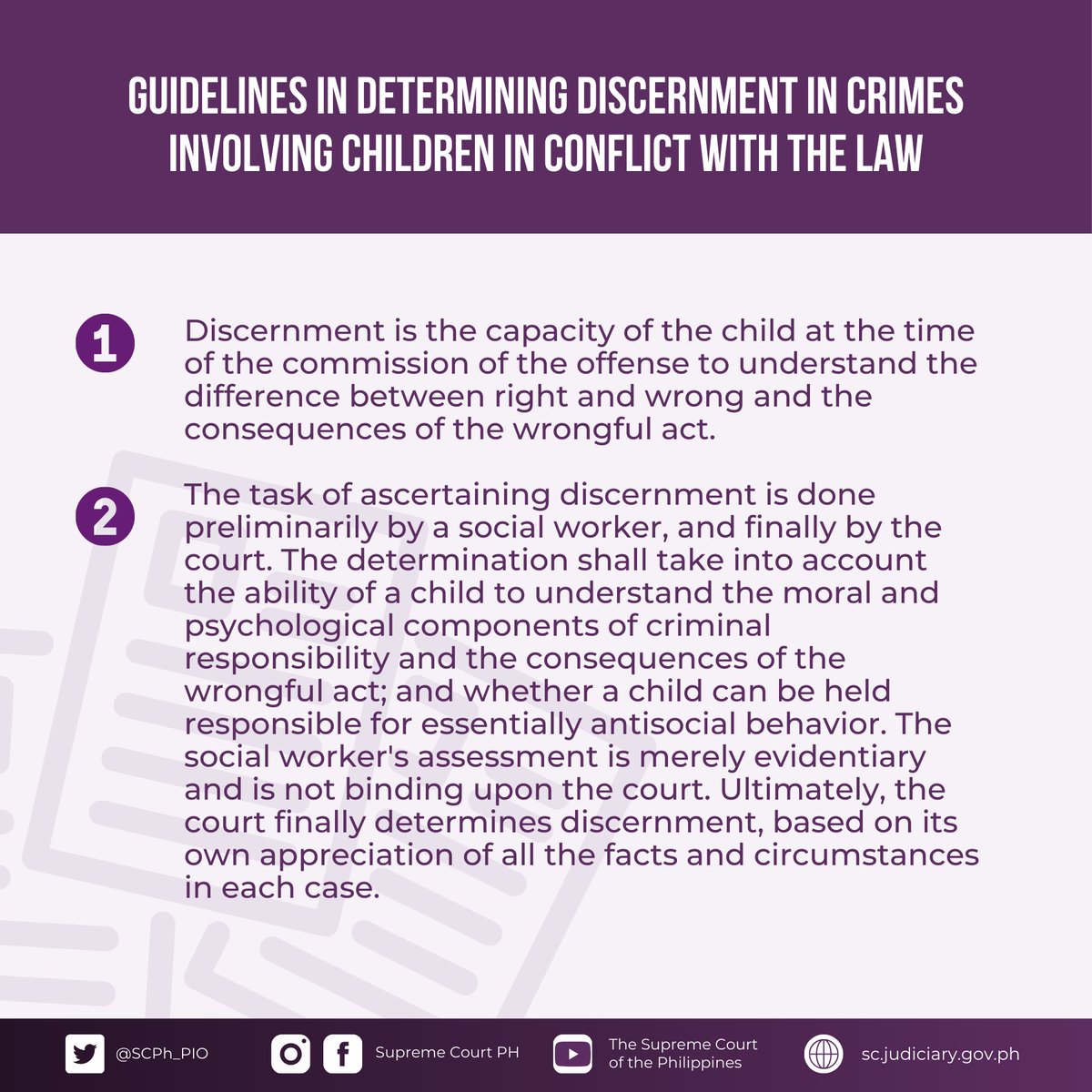 SCPh_PIO's tweet photo. The SC ruled that there is a different standard in determining a minor’s culpability for crimes, hence the need for guidelines to streamline the discernment determination process for crimes involving children in conflict with the law.

READ: https://t.co/ZIUwl4og5q https://t.co/mkQ3KBAT8R