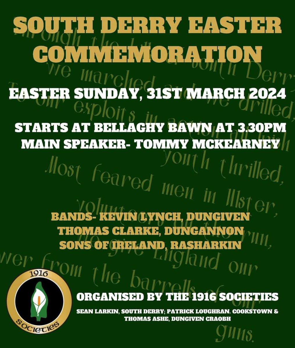 Everyone welcome, Easter Sunday 31st March. Honour Ireland's patriot dead.