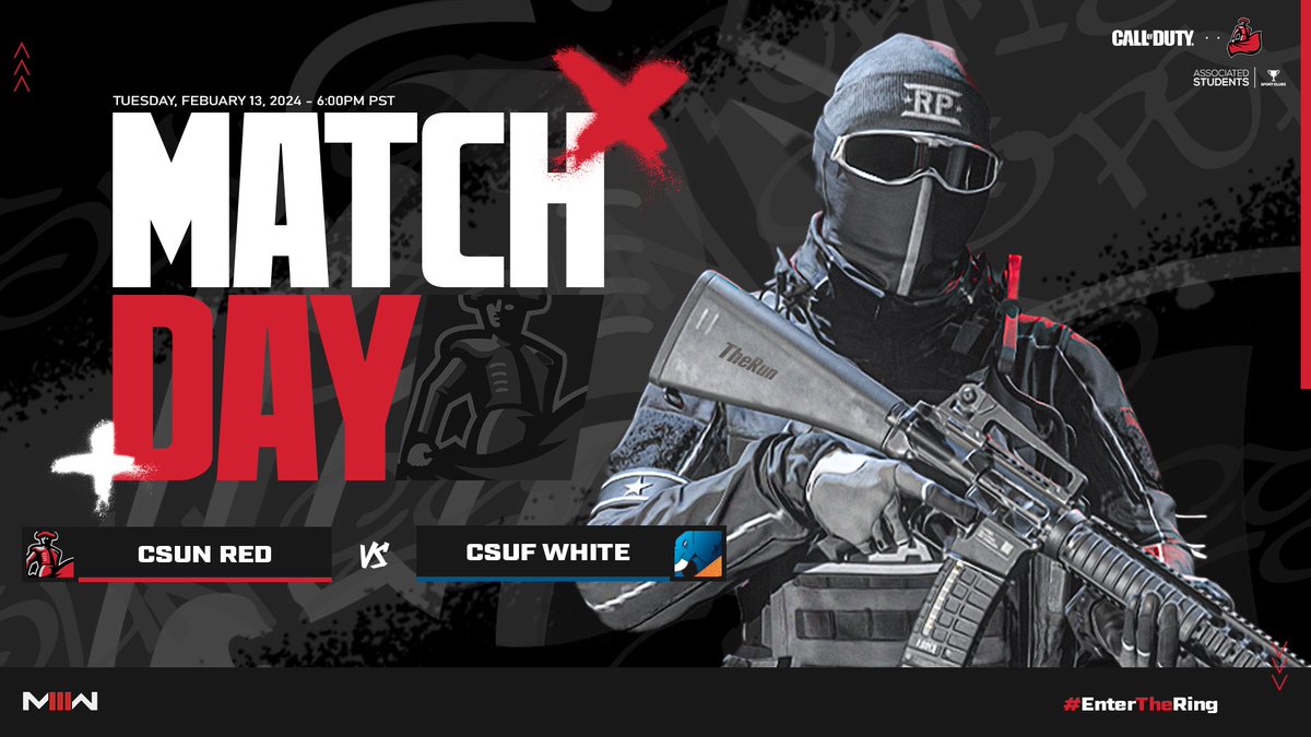 CSUNEsports's tweet photo. MATCH DAY 🗣️

❤️ CSUN VS CSUF 🤍

Support our academy team CSUN Red against CSUF White at 10:00PM PST today!!!🚨

⏰: 10:00 PM PST
🔗: https://t.co/bmZhbzcMRU

#CSUNEsports | #EnterTheRing | #CSUNCOD https://t.co/NnAPcQuAKt