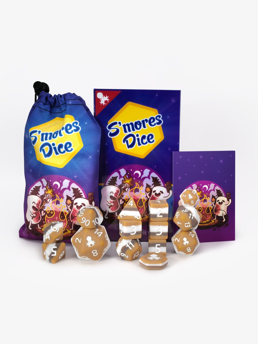 KrakenDice's tweet photo. The wait will be over today at 5:00PM pst. Everyone's favorite camping dessert S'Mores is being added to the Kraken Dice line up. Get yours while you can!  #DND #Pathfinder #RPG #KrakenDice #Smores #CuteDice #dice #DiceGoblin https://t.co/YC1VceO2es