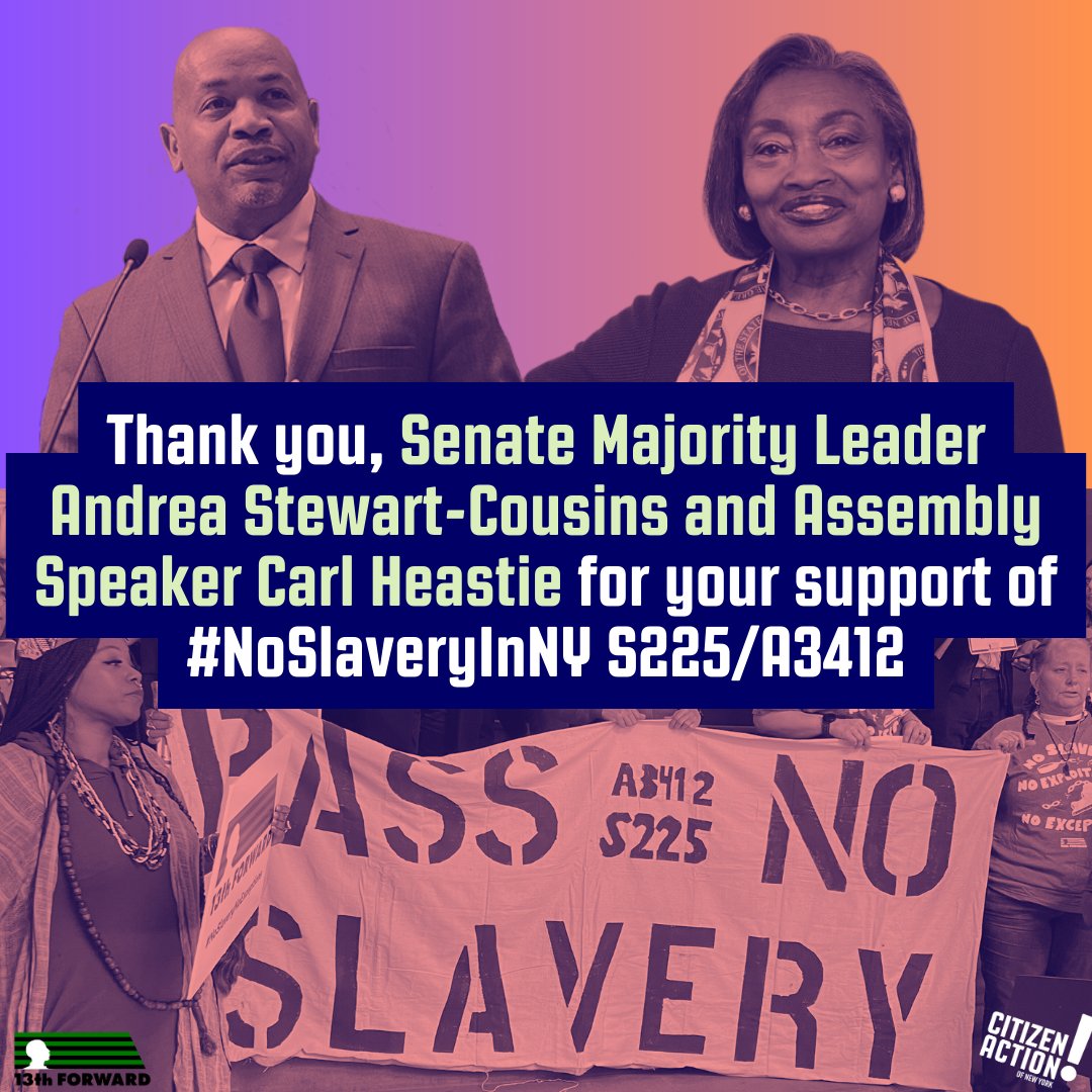 Thank you Sen @AndreaSCousins and Speaker @CarlHeastie for supporting #NoSlaveryInNY and @13thForwardNY! The recent floor amendments have shown your commitment to the swift passage of this Bill and your enduring belief that forced labor + legalized slavery have no place in NYS.