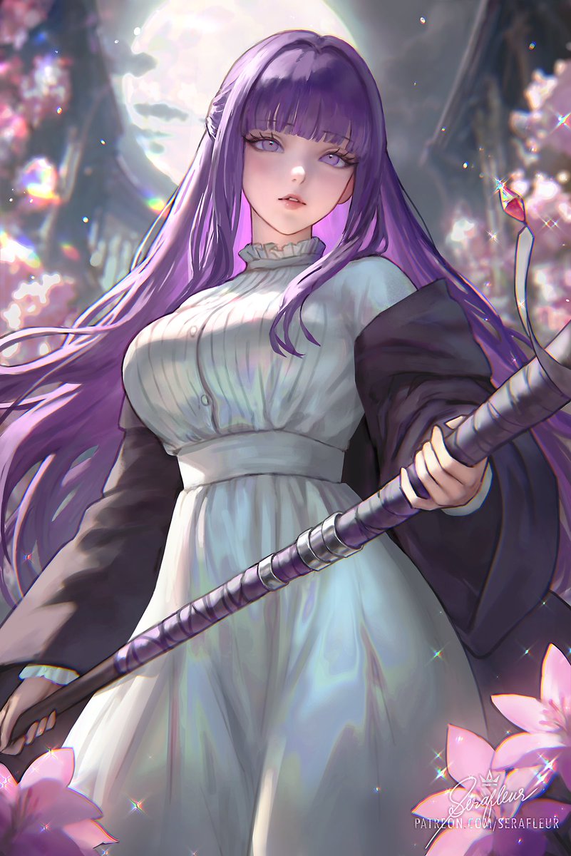 fern (sousou no frieren) 1girl purple hair solo dress long hair purple eyes flower  illustration images