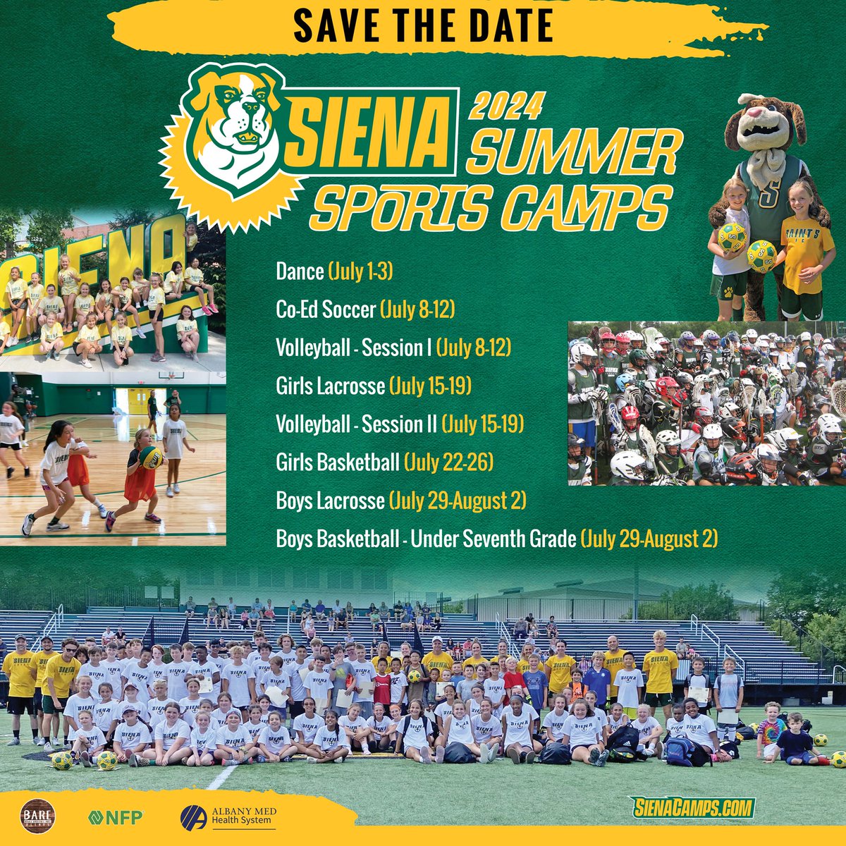 💃⚽️🏐🥍🏀 SAVE THE DATE(S)! Dates have been set for our 2024 #SienaSaints Summer Sports Camps Registration info to follow ⛺️ sienacamps.com #MarchOn