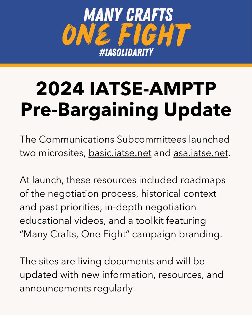 IATSE's tweet photo. PRE-BARGAINING UPDATE: Ahead of IATSE’s upcoming negotiations with the Alliance of Motion Picture and Television Producers (AMPTP) beginning on March 4, 2024, the union has issued the following update:

This update is also available on our website at https://t.co/lJmqc7m0t6 https://t.co/dqzB3l7JEF