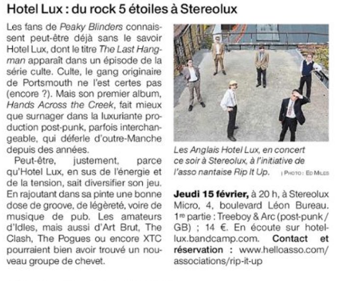 RIPITUP6's tweet image. Tout est dit aujourd’hui dans cet article de @OuestFrance44 !
🎟️ Derniers tickets dispo sur @Stereoluxnantes ! Avec @treeboyandarc et @hotelluxband dès 20h 14/16€
#hotelluxband #treeboy&amp;amp;arc #indierock #postpunk #britrock #punk# #indiepop