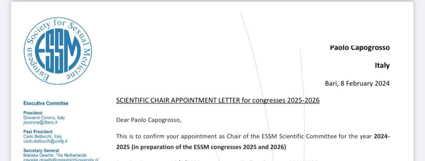 Truly honored to be appointed as Chair of the Scientific Committee for the European Society of Sexual Medicine. Looking forward to advancing research and knowledge in this important field! @essm_tweets @Uni_Insubria