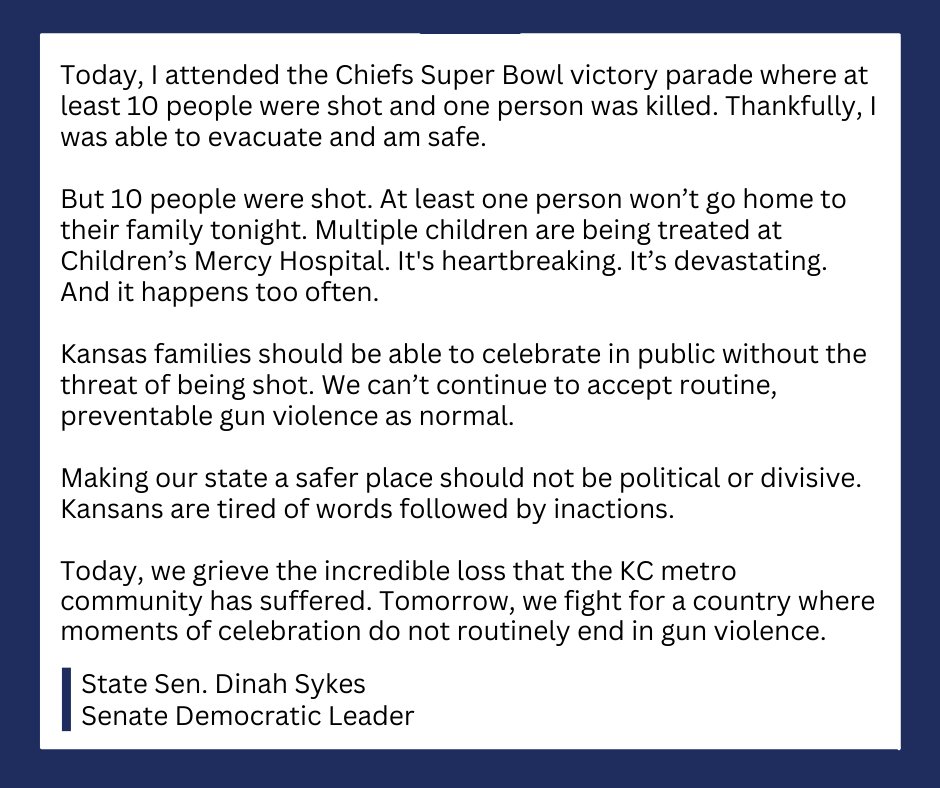 dinah_sykes's tweet photo. Kansas families should be able to celebrate in public without the threat of being shot. We can’t continue to accept routine, preventable gun violence as normal. https://t.co/NxSQ7ZRuis