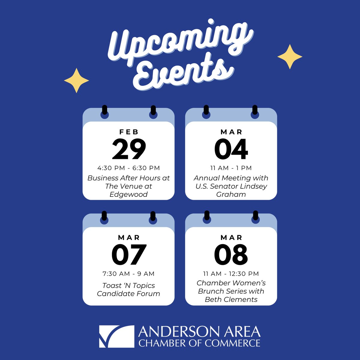Check out our upcoming events! 📣 

Whether you're looking to network with professionals or simply mingle with like-minded individuals, we've got something for everyone. Let's connect, learn, and grow together. 🤝 

Don't miss out - register online now at andersonscchamber.com/events/calenda….