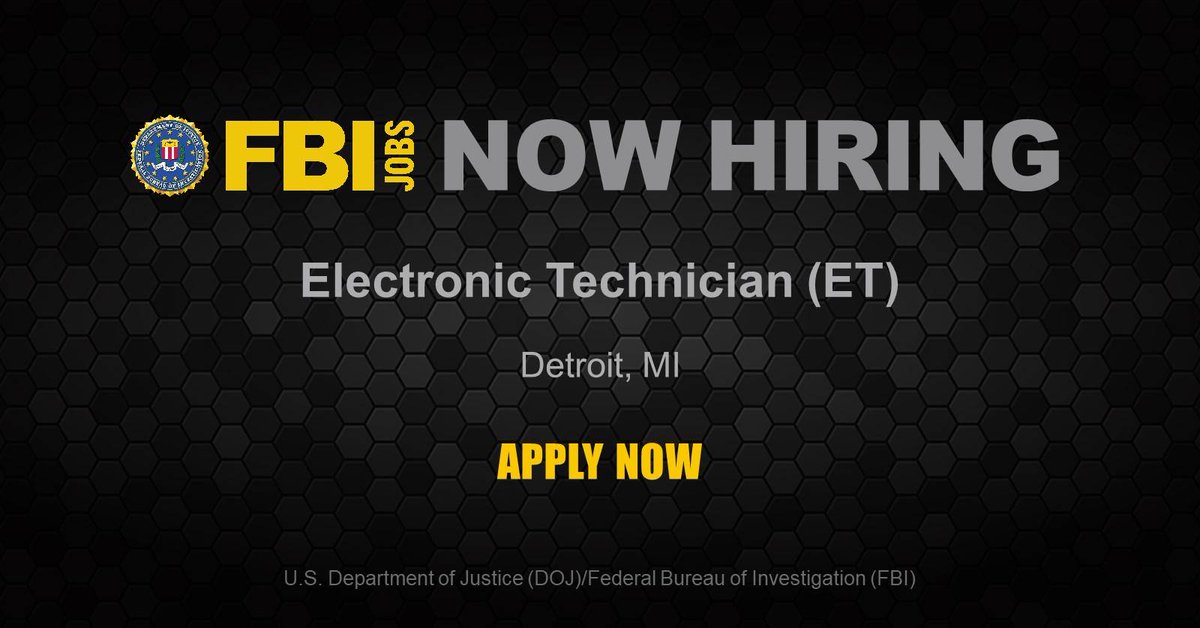 FBIDetroit's tweet photo. #ICYMI The #FBI is hiring #ElectronicTechnicians. Our ETs are responsible for building and maintaining our communication systems as well as performing maintenance tests on radio towers, internal wirings, and media converters. #Telecommunications  https://t.co/6YiMNenjfF https://t.co/H9TAXtTtXN