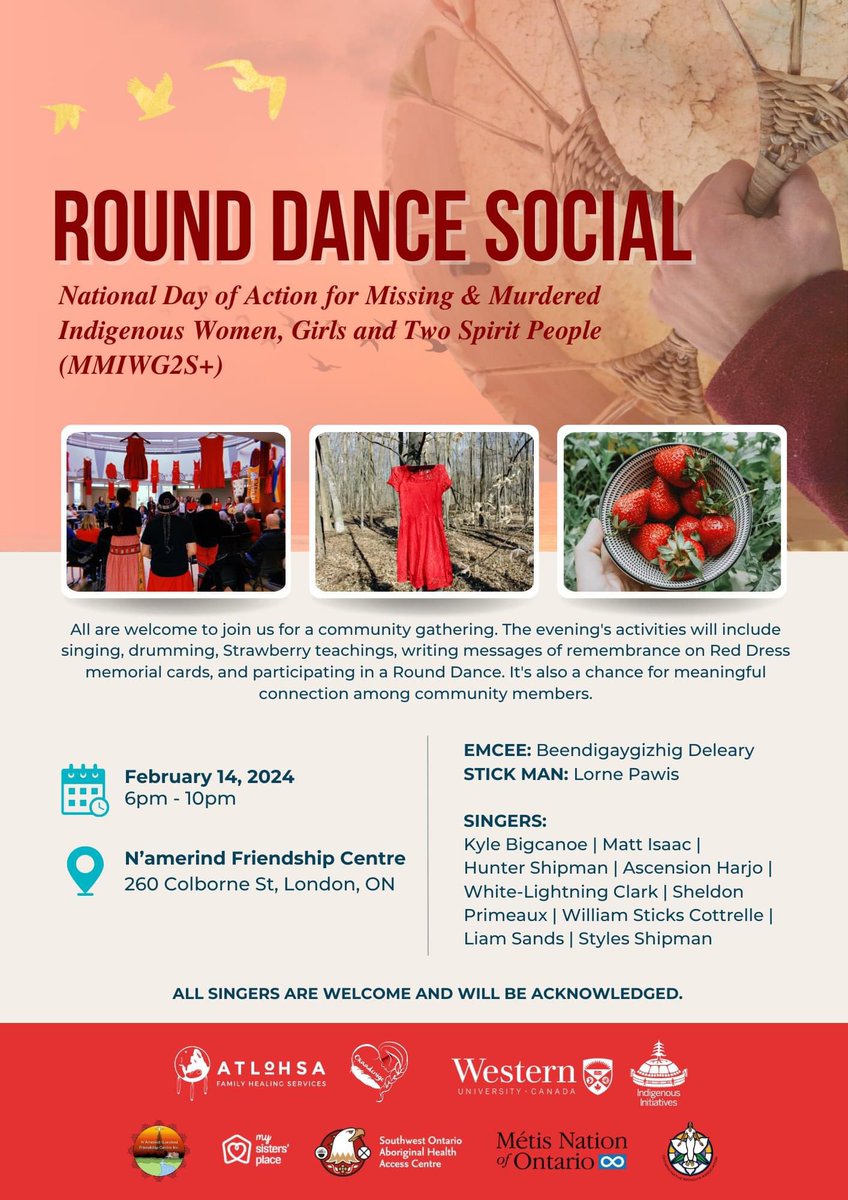 We are here at N’amerind Friendship Centre with community partners for a Round Dance Social in honour of #MMIWG2S Reta has prepared a delicious corn soup & Mike Doxtator made the fry bread. #ldnont @cmha_tv #NoMoreStolenSisters #RedDressProject