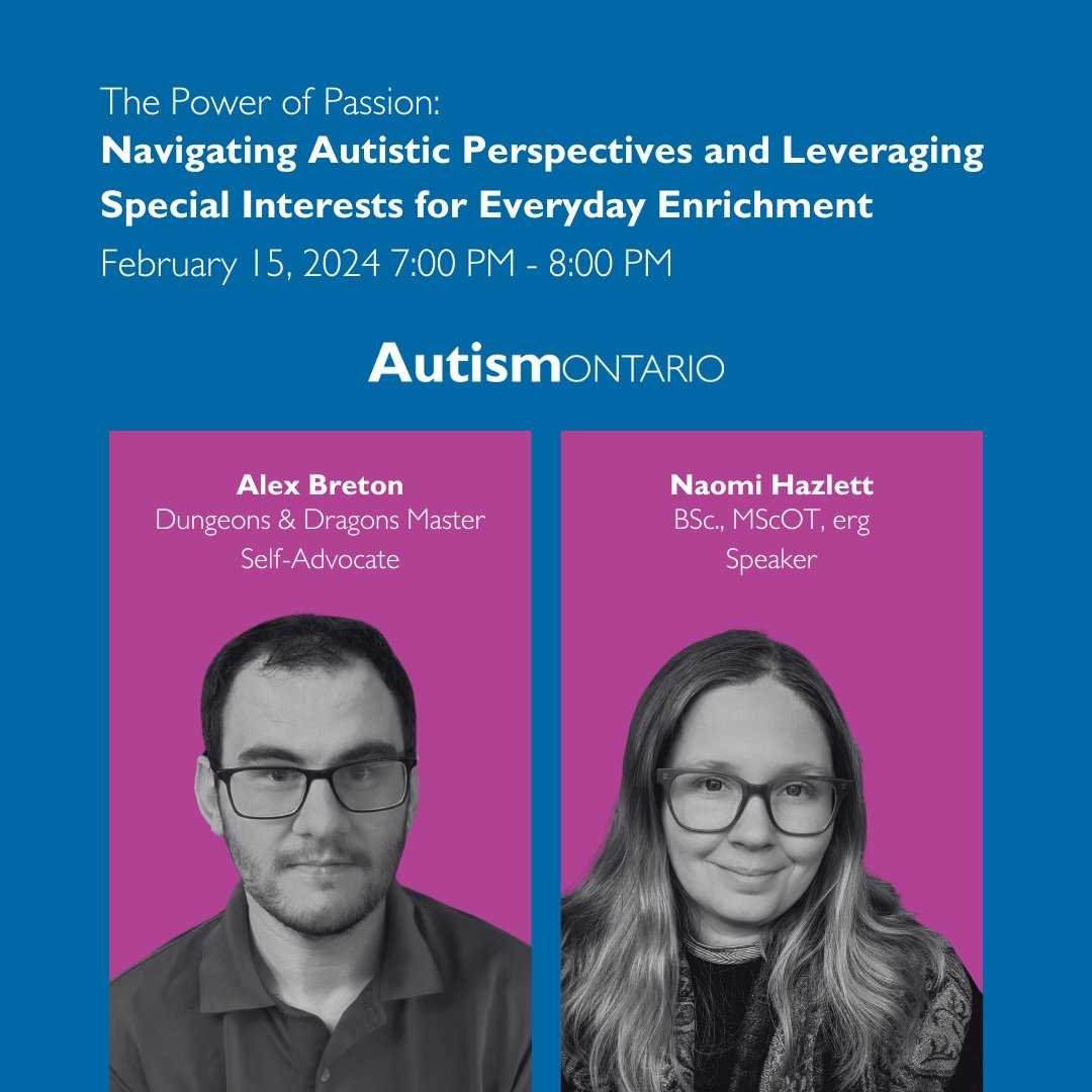 Join our webinar on leveraging autistic special interests for work, school, and more. Hear from Naomi on real-world examples and Alex Breton, who turned his passion for Dungeons and Dragons into job opportunities. Register: bit.ly/3vuyCTf