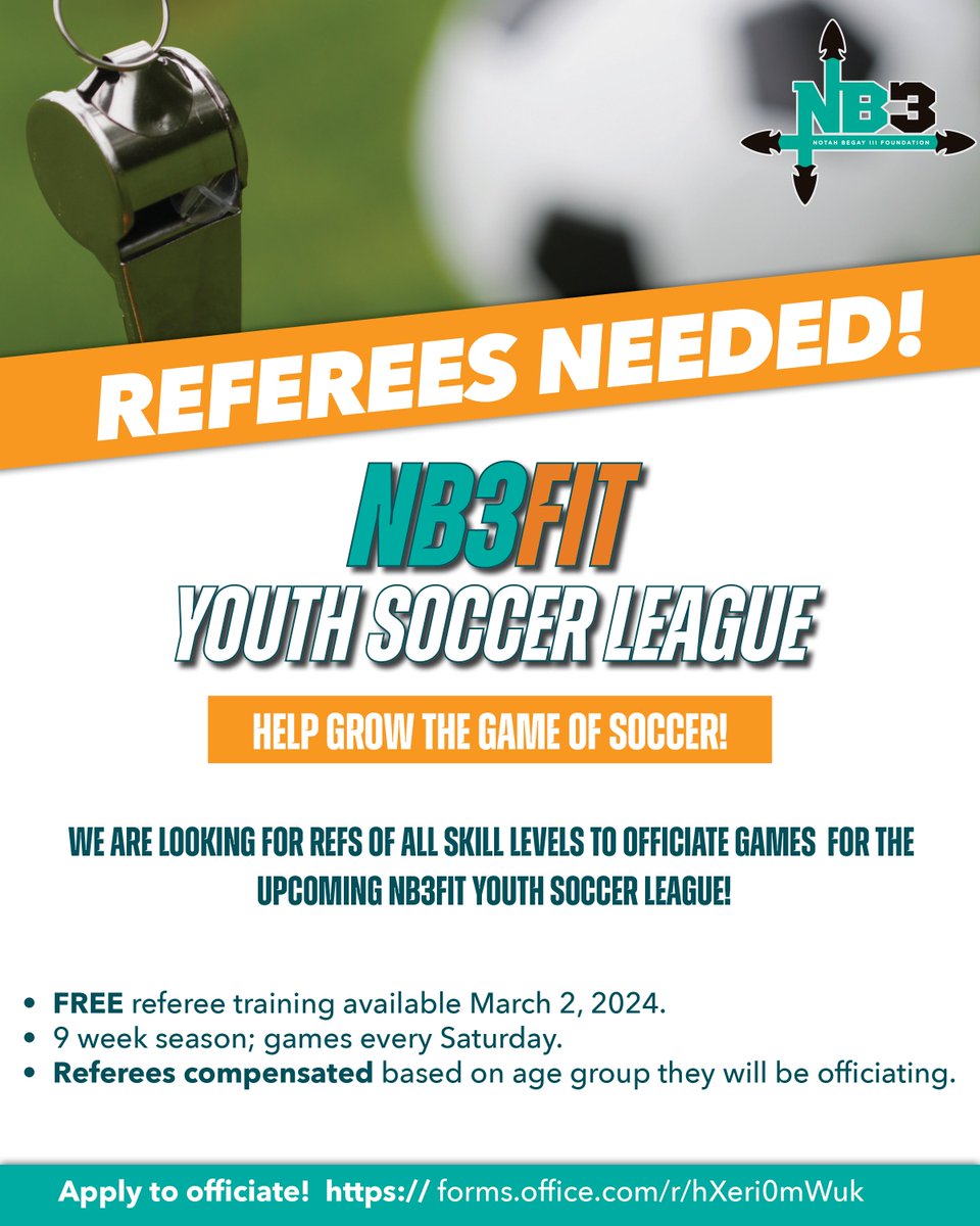NB3Foundation's tweet image. Spring is for ⚽

Don't miss out on the opportunity to get your youth outdoors and active this spring ☀️Registration for the NB3FIT Youth Soccer League closes on February 22❗

nb3foundation.org/nb3fit/
#NB3FIT #NB3F #HealthyKidsHealthyFutures #Soccer