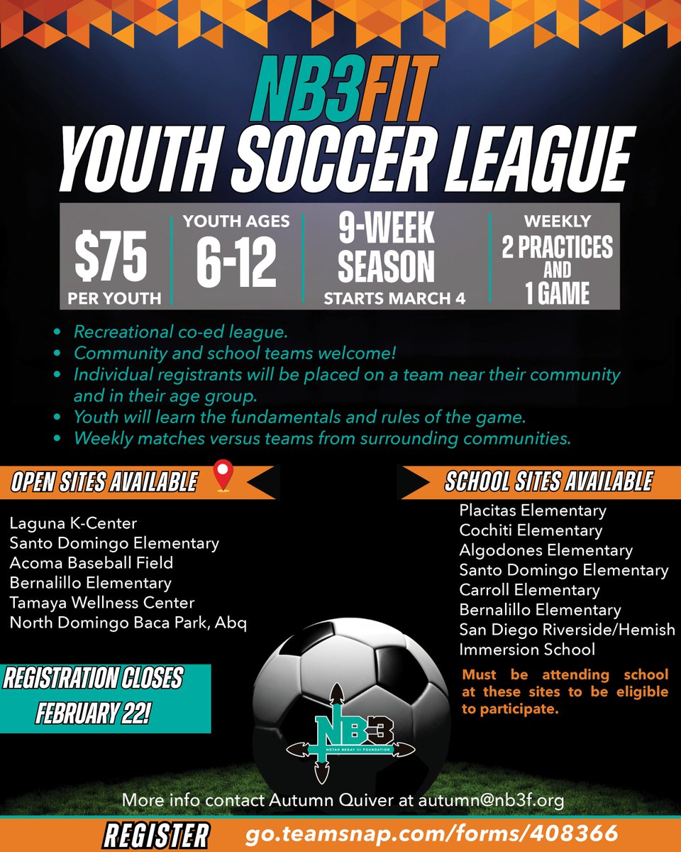 NB3Foundation's tweet image. Spring is for ⚽

Don't miss out on the opportunity to get your youth outdoors and active this spring ☀️Registration for the NB3FIT Youth Soccer League closes on February 22❗

nb3foundation.org/nb3fit/
#NB3FIT #NB3F #HealthyKidsHealthyFutures #Soccer