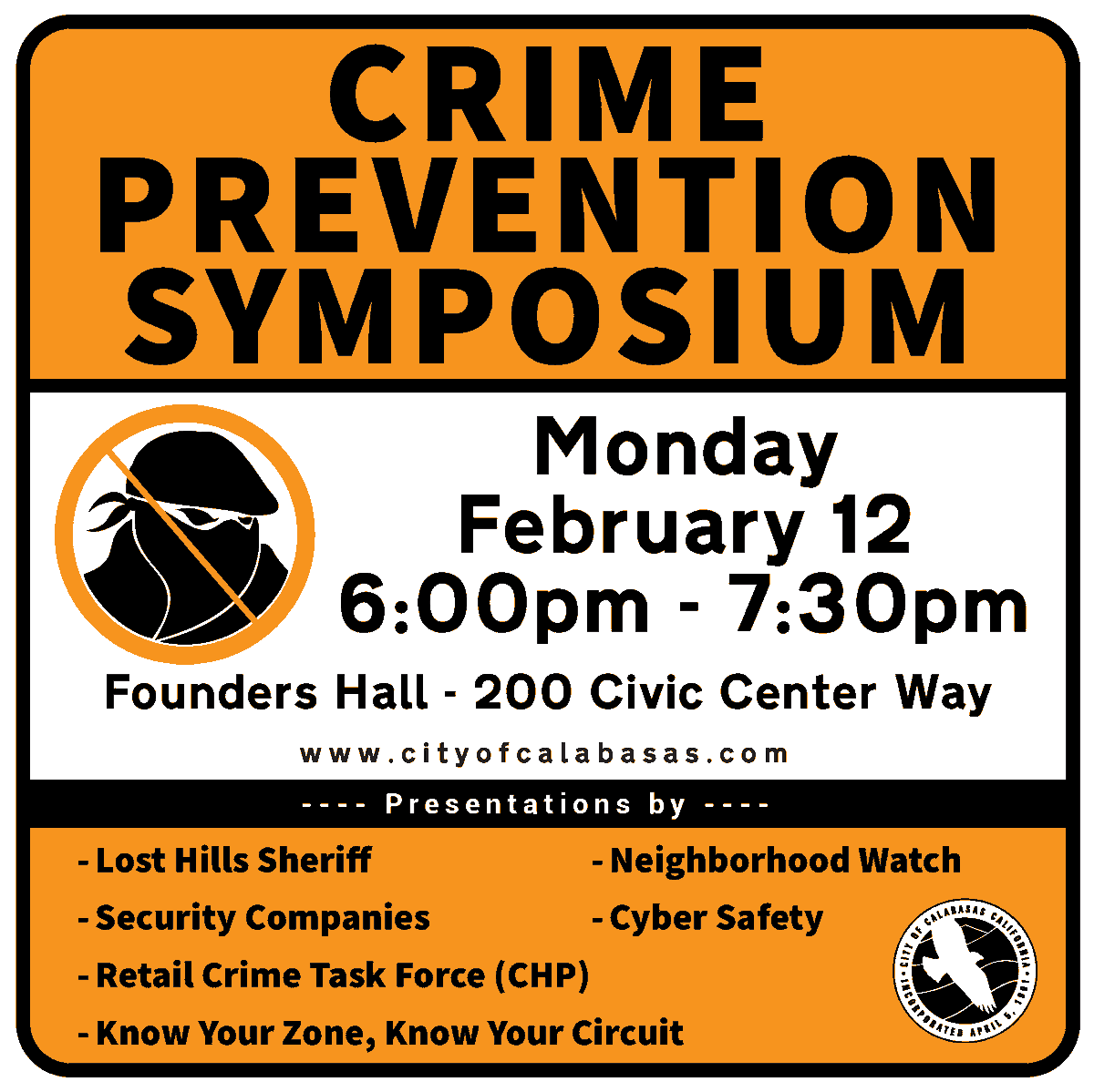 CityofCalabasas's tweet photo. For those unable to attend Monday's Crime Prevention Symposium at Founders Hall; or if Zoom audio problems rendered the online program unwatchable, you can now watch it on YouTube, as well as on CTV Ch. 3.  For the link, go to https://t.co/AV8cNVnOMt https://t.co/KWkCZv5F31