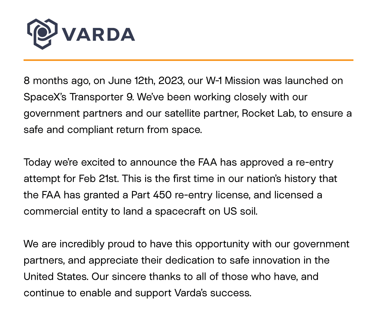 An update on Varda’s W-1 Mission: