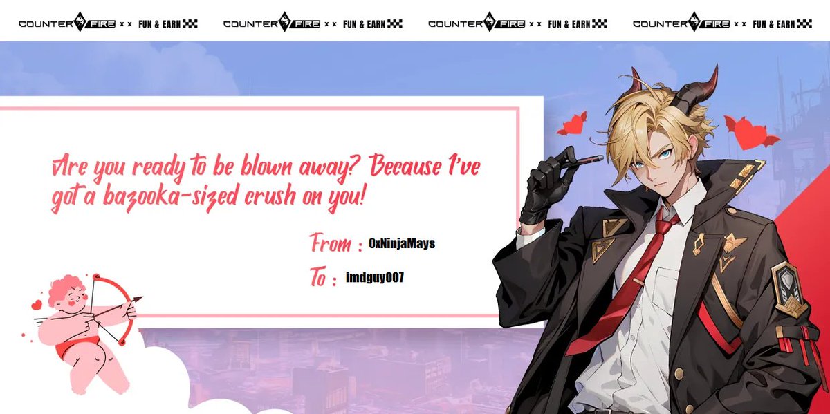 0xNinjamays's tweet photo. Happy Valentine's Day @imdguy007 🫡

@playCounterFire
#CounterFireWithLove https://t.co/DEgW4HdXYw
