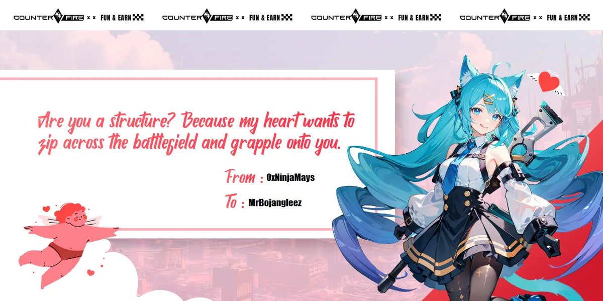 0xNinjamays's tweet photo. Happy Valentine's Day @MrBojangleez 🔥

@playCounterFire
#CounterFireWithLove https://t.co/Vyvvn4gky7