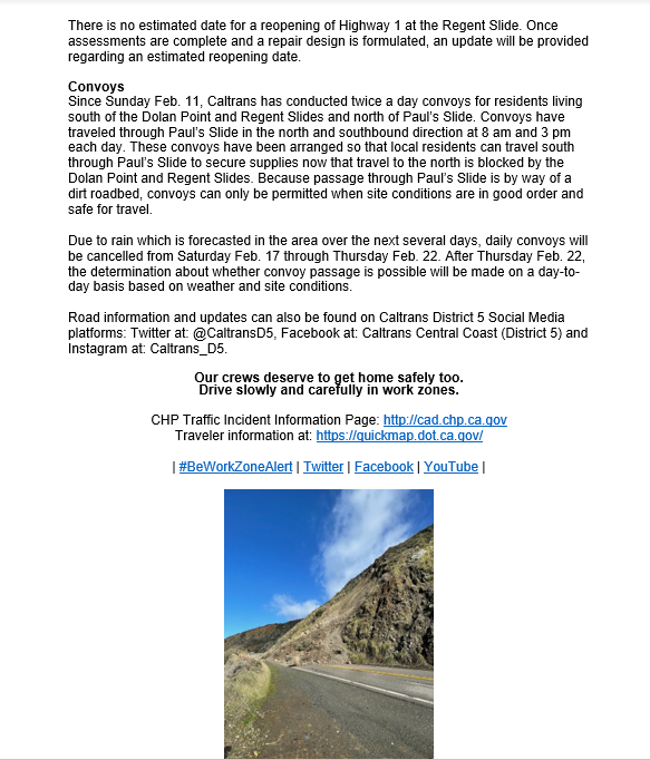 CaltransD5's tweet photo. Repairs continue at Dolan Point and Regent Slides on #Hwy1 on #BigSur coast. #Hwy1 remains open to travel from the #Monterey #Carmel area to Post Mile 29.7, 2.7 miles south Esalen. #Hwy1 is also open from #Cambria #SanSimeon area to just south of Limekiln State Park at PM 20. https://t.co/iczxQs9I6E