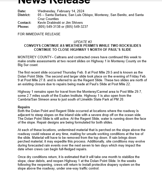 CaltransD5's tweet photo. Repairs continue at Dolan Point and Regent Slides on #Hwy1 on #BigSur coast. #Hwy1 remains open to travel from the #Monterey #Carmel area to Post Mile 29.7, 2.7 miles south Esalen. #Hwy1 is also open from #Cambria #SanSimeon area to just south of Limekiln State Park at PM 20. https://t.co/iczxQs9I6E