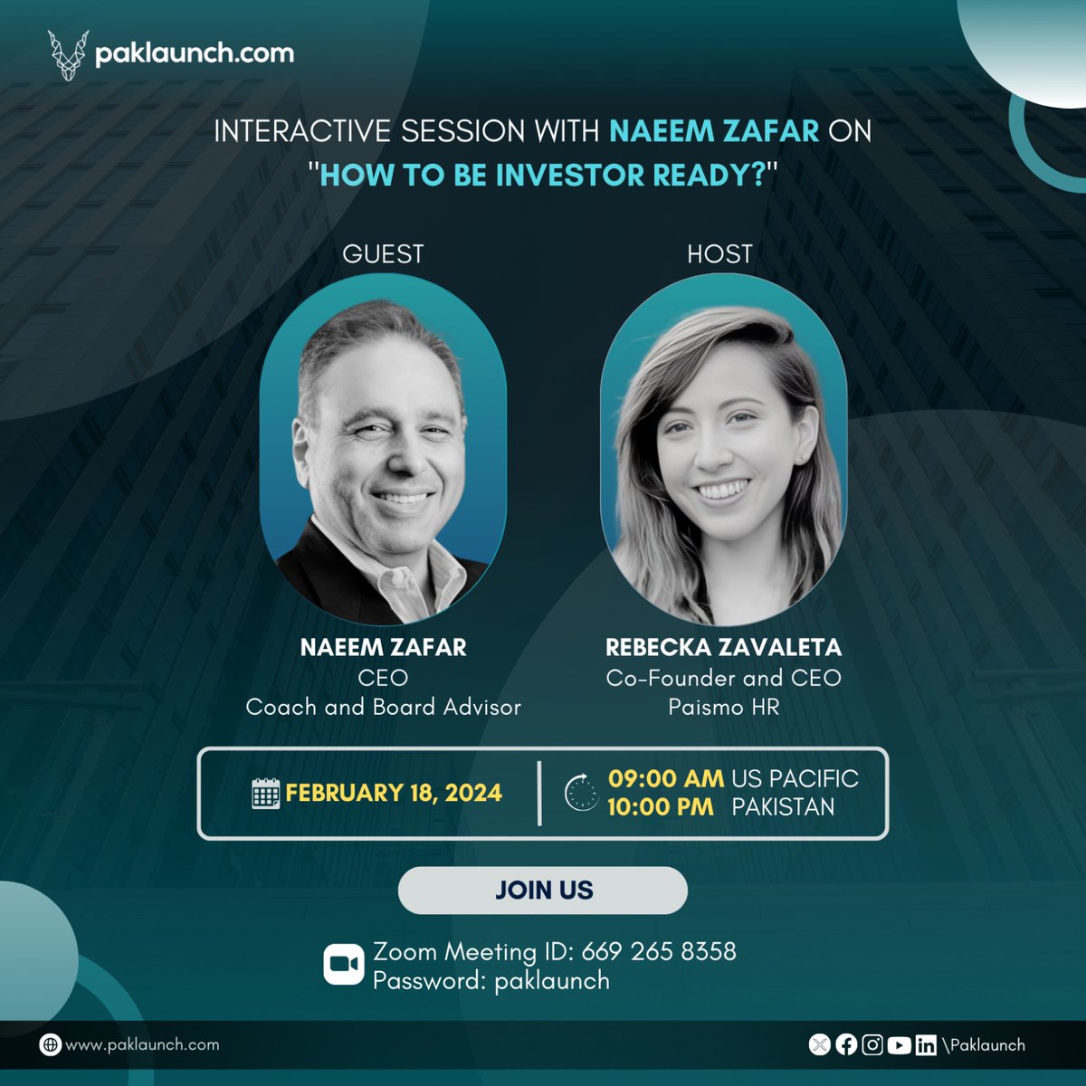 Naeem Zafar (@naeem) on Twitter photo I'll be doing this interactive session this Sunday (Feb 18) at 9 am PST if anybody wants to join and learn how to be investor-ready. Thank you <a href="/paklaunchdotcom/">Paklaunch.com</a>!
DATE: Sunday, 18th February, 2024
TIME: 9am US Pacific and 10pm Pakistan
ZOOM: lnkd.in/dh_Jjy5J I'll be doing this interactive session this Sunday (Feb 18) at 9 am PST if anybody wants to join and learn how to be investor-ready. Thank you <a href="/paklaunchdotcom/">Paklaunch.com</a>!
DATE: Sunday, 18th February, 2024
TIME: 9am US Pacific and 10pm Pakistan
ZOOM: lnkd.in/dh_Jjy5J