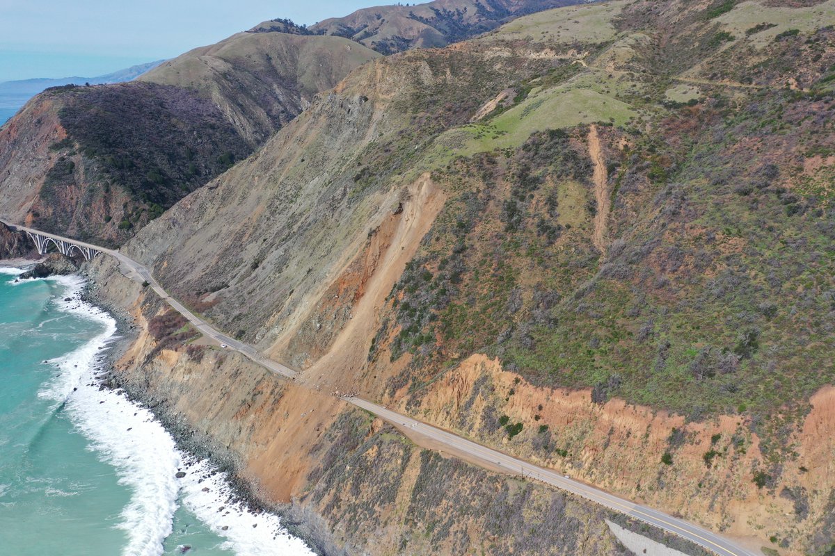 CaltransD5's tweet photo. Repairs continue at Dolan Point and Regent Slides on #Hwy1 on #BigSur coast. #Hwy1 remains open to travel from the #Monterey #Carmel area to Post Mile 29.7, 2.7 miles south Esalen. #Hwy1 is also open from #Cambria #SanSimeon area to just south of Limekiln State Park at PM 20. https://t.co/iczxQs9I6E