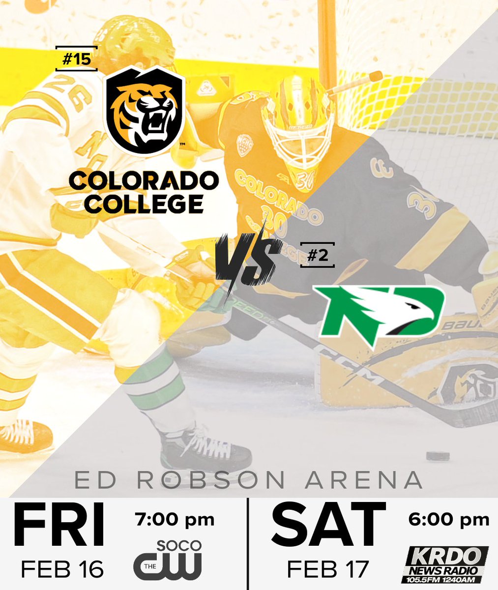 No. 1⃣5⃣ Colorado College vs. No. 2⃣ North Dakota this weekend👀 Fri. Feb. 16, 7 p.m. & Sat. Feb. 17, 6 p.m. @ Ed Robson Arena 📺 Friday: SOCO CW 🎟️: cctigers.com/tickets - (Limited availability, Verified Resale Tickets) #CCTigers