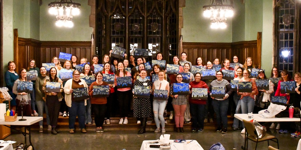 ConcordiaSem's tweet photo. Thank you to the @Lutheran Church Extension Fund, LCEF, for hosting a fantastic a Galentine’s event last night! Seminary women enjoyed wine and snacks while painting Vincent van Gogh’s Starry Night sky above a St. Louis city silhouette. #LCEF https://t.co/KlX3UJCqQQ