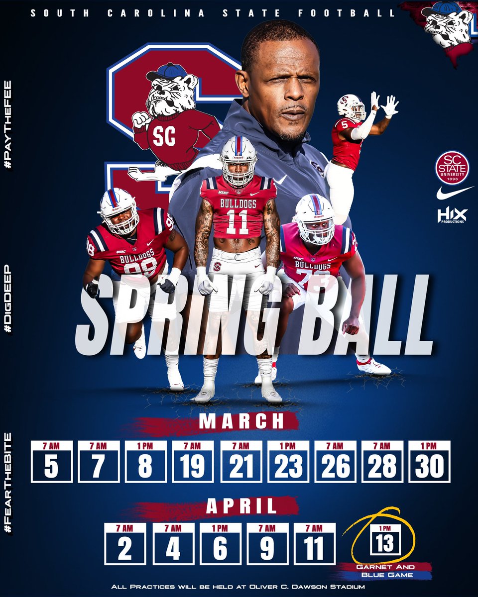 #GoDogs 🚨2024 SPRING BALL SCHEDULE🚨 Your Bulldogs will be having 15 Tough Competitive Practices led by @coachberry77 and his Coaching Staff during the months of MARCH and APRIL! #GarnetAndBlueGame will be APRIL 13th at 1pm! #PayTheFEE #DigDEEP #FearTheBITE 🔴🔵🏈🐶