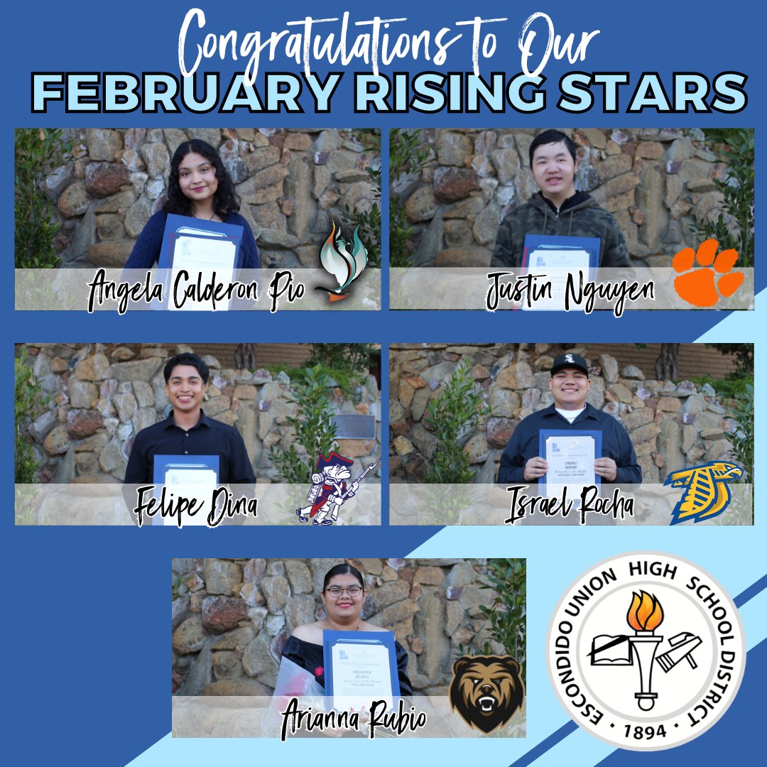 The @esondidochambe recognized 5 exceptional EUHSD students at today's Rising Stars breakfast. Each shared struggles they've overcome, plans for the future, & expressed appreciation. Congratulations to all! @DelLagoAcademy @ehscougars @OrangeGlen @SanPasqualHS @vhsgrizzlies