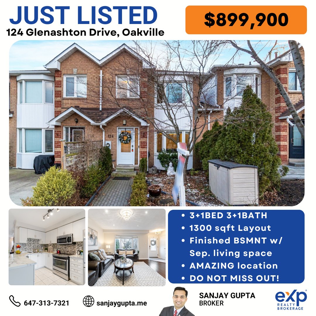 JUST LISTED! BEAUTIFUL HOME IN OAKVILLE, ON🏡⁠
⁠
124 Glenashton Dr, Oakville ON📍⁠
3+1 BDRM / 3+1 Bath⁠
⁠
#exprealty #broker #sanjaygupta #realestate #fyp #viral #openhouse #thisweekend #Oakvillehome #townhome