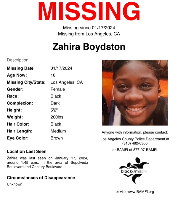 BAM_FI's tweet photo. #LosAngeles, #California: 16y/o Zahira Boydston was last seen on January 17, around 1:45 p.m., in the area of Sepulveda Boulevard and Century Boulevard.

Have you seen her? #HelpUsFindZahira #ZahiraBoydston https://t.co/fS5FCNpePG