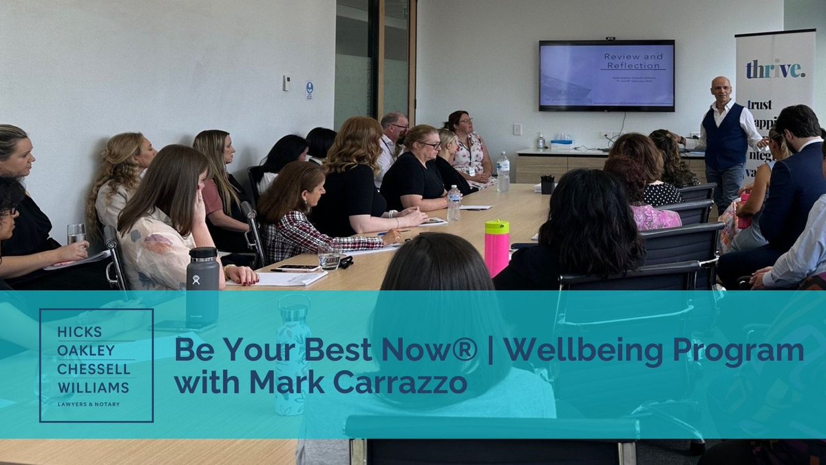 Grateful for another thought-provoking session of the Be Your Best Now® | Wellbeing Program with Mark Carrazzo. Focusing on our core values has reminded us of the importance of ensuring our people THRIVE, benefiting both them & our clients. #Wellbeing #CoreValues #HOCWlawyers