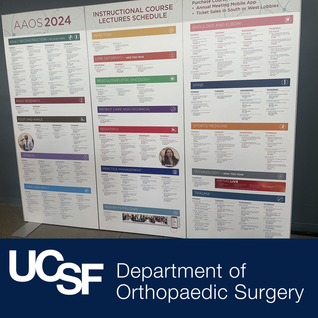 UCSFOrthosurg's tweet photo. AAOS 2024 News: Wow! Thank you to all the UCSF Ortho faculty (20+) who are leading this year's Instructional Course Lectures for Community Orthopaedists at AAOS 2024 this week. ICLs allow clinicians to stay current on a wide breadth of skills and knowledge. #UCSFOrtho #AAOS2024 https://t.co/D4GP5KEfUV