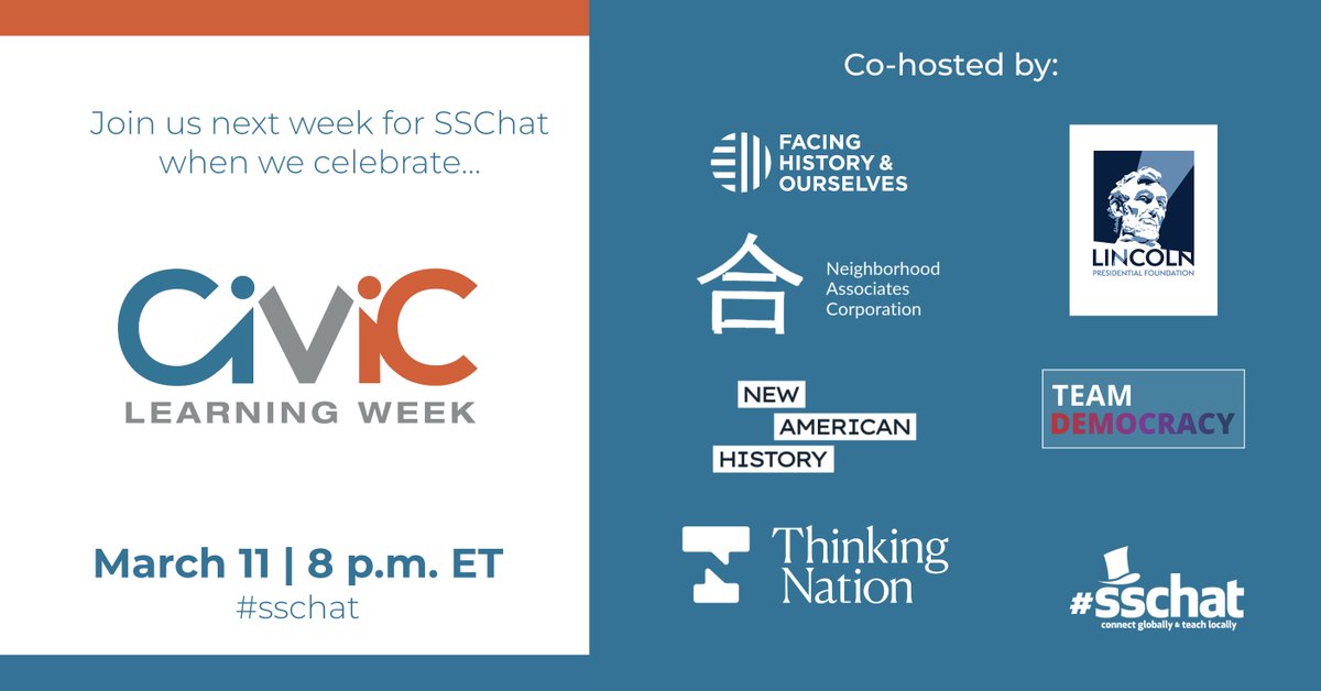 Join us next week for #sschat when we celebrate #CivicLearningWeek on March 11th at 8pm EST