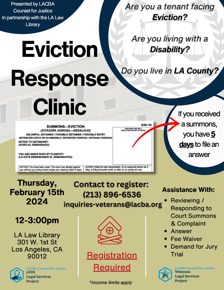 LACBAveterans's tweet photo. Being sued for #EVICTION? REGISTER NOW for LACBA CFJ's Eviction Response Clinic, TOMORROW (2/15, 12-3pm) @LALAWLIBRARY - for help w/completing an answer.
Open to all eligible #LACounty #Tenants who are living with a disability.*
Call (213) 896-6356. *Income restrictions apply. https://t.co/uEHs91mN8T