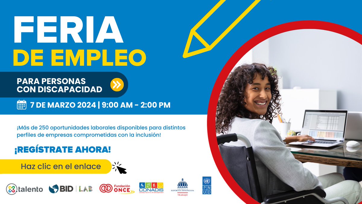 🚀 ¡Tu oportunidad está aquí! Participa en la Feria de Empleo para Personas con Discapacidad en República Dominicana. 7 de marzo, 2024 | 9AM-2PM. ¡Regístrate ahora! ➡️forms.gle/qXLQU5pGQNW4eQ… @MTrabajoRD @portalento_ @CONADISRD @Fundacion_ONCE