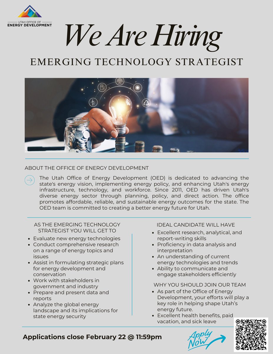 UtahOED's tweet image. Data 📊 Energy technologies ⚡️ The future 🌎 Bring it all together as the OED Emerging Technology Strategist! Help our beautiful state make evidence-based decisions about our energy future. tinyurl.com/EmergingTechSp… #EnergyResearch #EnergyJobs #energytechnology #Utah #ApplyNow