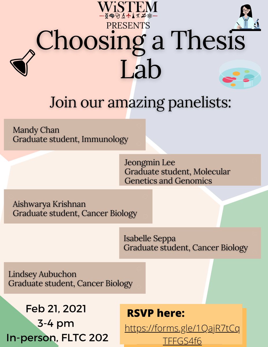 Another exciting event next week! Join us for our Choosing a Thesis Lab panel and hear from fellow graduate students on what aspects to consider when picking a lab. RSVP here: forms.gle/1QajR7tCqTFFGS…