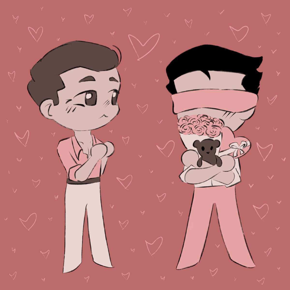Cartoonish chibi art of Johnny Cage and Kenshi Takahashi from Mortal Kombat. Johnny is holding his hands up at his chest and staring lovingly at Kenshi. he has a pink button up shirt and off-white trousers. Kenshi has a pink blindfold on, off-white shirt and pink trousers. He's holding a bouquet of pink flowers, a box of chocolates and a teddy bear. His face is almost completely obstructed but a hint of blush is visible just like on Johnny's face. The background is of a darker pink colour and it's covered in lighter pink hearts.
