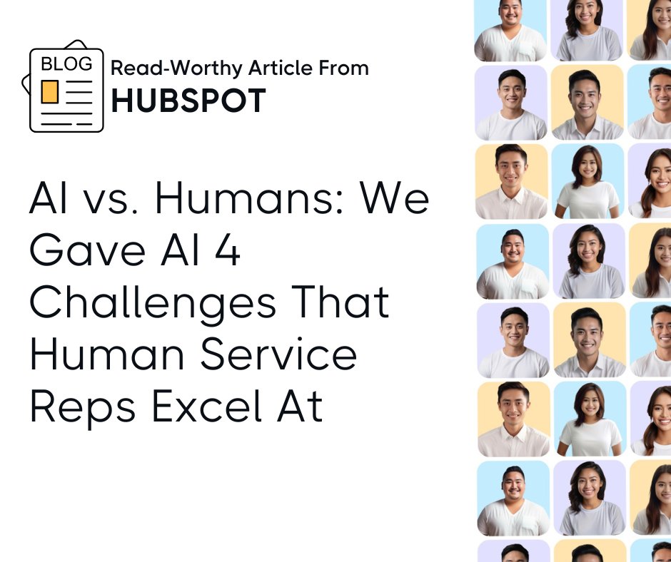 helpflowonline's tweet image. AI vs. Humans: Can machines match human service reps? 🤖
Ponder on the latest blog from Hubspot: "AI vs. Humans: We Gave AI 4 Challenges That Human Service Reps Excel At"
Click here! snip.ly/qog2z5
#HubSpotBlog #ArtificialIntelligence #HelpFlow #HelpFlowShares