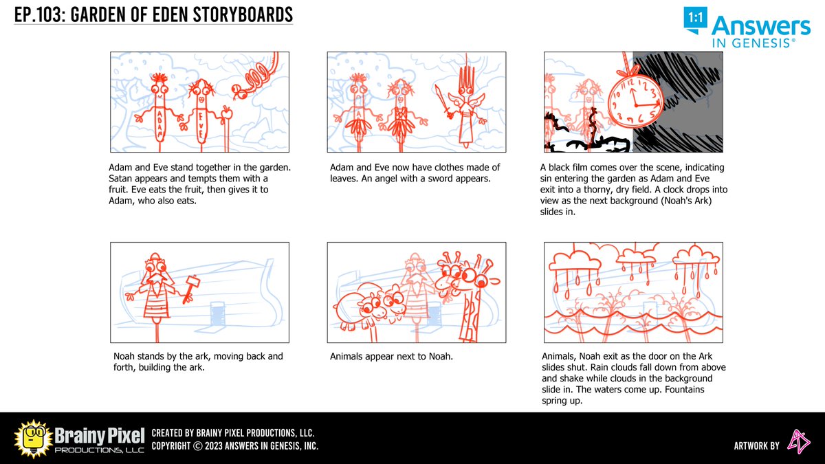 BrainyPixel's tweet photo. Another #behindthescenes look at #LilysLab! This time we've got the storyboard for the Garden of Eden puppet skit from Episode 3.
This kind of image gives us a rough idea of how to animate from what scene to the next! https://t.co/DHOR4I9XJs