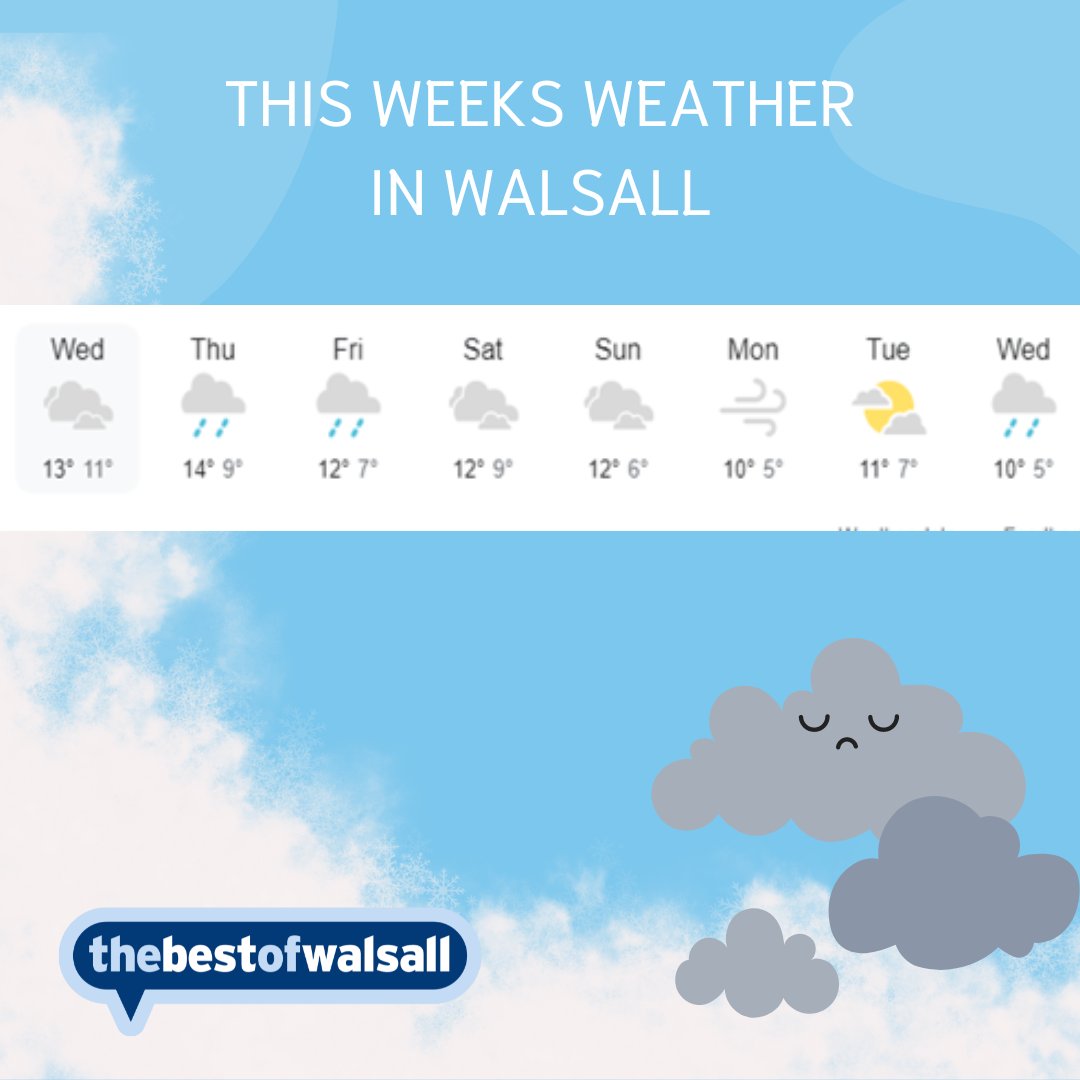 🌧🌦💨 This Weeks Weather in Walsall 🌧🌦💨

This week starts off rainy but as the weekend approaches, the rain should not be as heavy.
Look out for the sun shining through the minimal cloud on Tuesday
#Walsall #Weather #WestMidlands #WeatherUpdate #Communitymatters