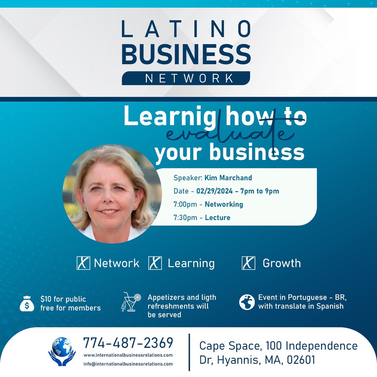 2.29.24 - 7:00 PM to 9:00 PM!
Latino Business Network (at Cape Space in Hyannis) will be the speaker on Learning How to Evaluate your Business.
$10 non-members.
Free for members.

eventbrite.com/e/latino-busin…

#latinobusinessnetwork #capecod