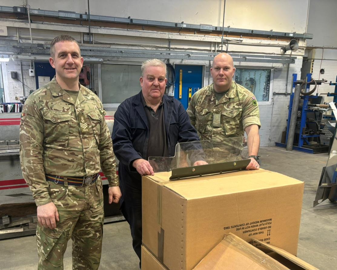 ArmourLab's tweet photo. SSgt Cunliffe, Mr Stanfield , SSgt Jones. Supplying a demand for 50 windshields manufactured at pace by the #ATDU Engineering Branch. https://t.co/01X8u9t43U
