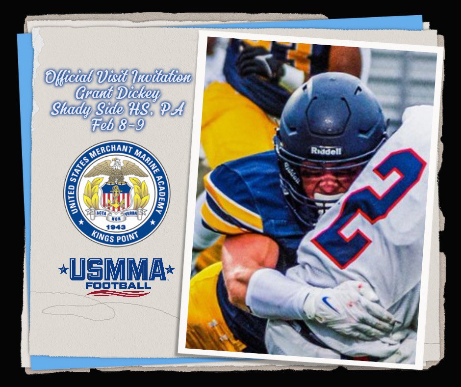 Grant Dickey (@grantdickey2024) on Twitter photo Had a great official visit at USMMA last week! Thank you for having me out! <a href="/Scala39/">Lou Scala</a> <a href="/CoachKikel/">James Kikel</a> <a href="/CoachPassante/">Harry Passante</a> <a href="/CoachCroall/">Jameson Croall</a> <a href="/USMMAFootball/">USMMA Football</a> <a href="/USMMA_Athletics/">USMMA Athletics</a> <a href="/SSAFBboosters/">Shady Side Academy Football Boosters</a> Had a great official visit at USMMA last week! Thank you for having me out! <a href="/Scala39/">Lou Scala</a> <a href="/CoachKikel/">James Kikel</a> <a href="/CoachPassante/">Harry Passante</a> <a href="/CoachCroall/">Jameson Croall</a> <a href="/USMMAFootball/">USMMA Football</a> <a href="/USMMA_Athletics/">USMMA Athletics</a> <a href="/SSAFBboosters/">Shady Side Academy Football Boosters</a>
